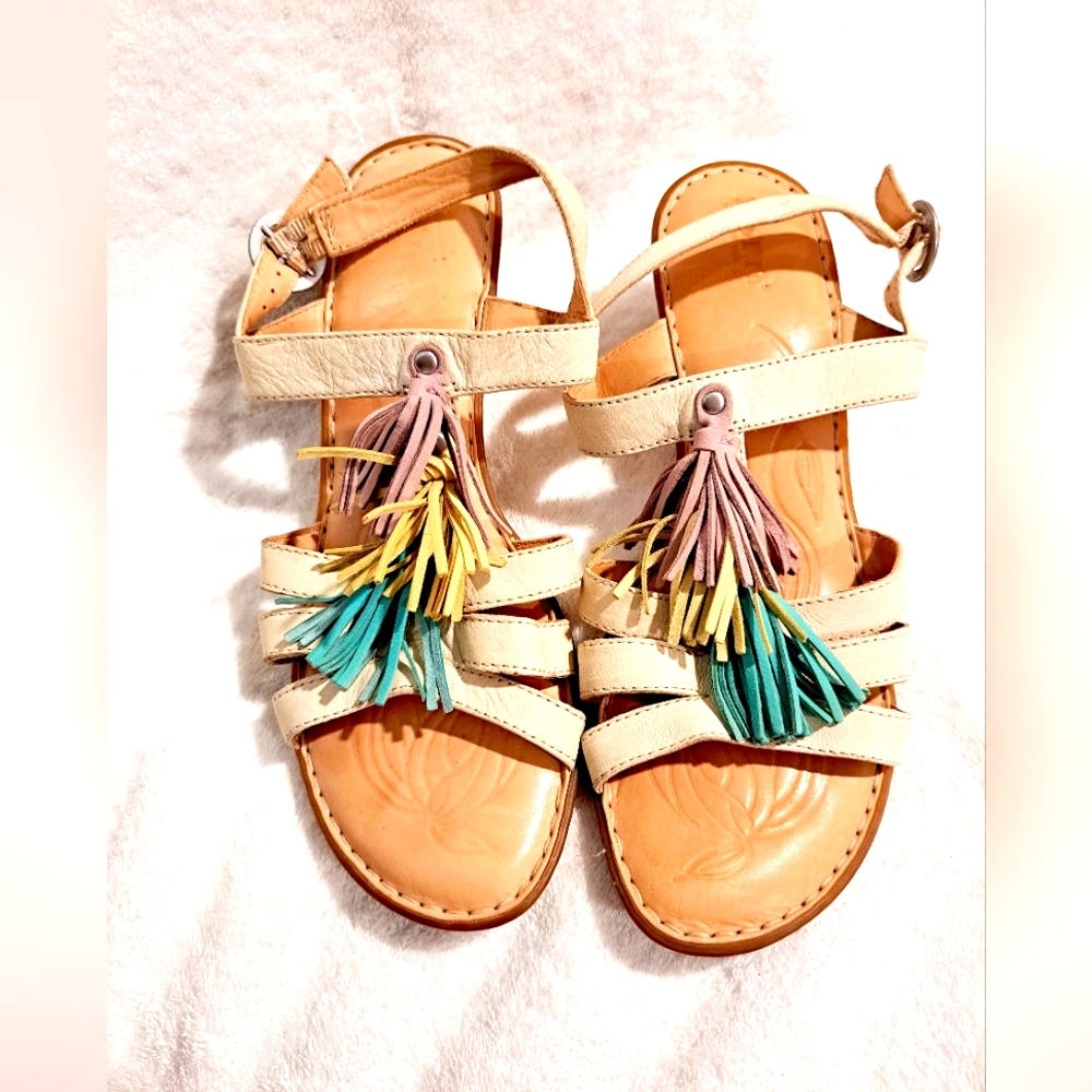 Born Cream Leather With Pastel Tassels Sandals. Womens-Size 9